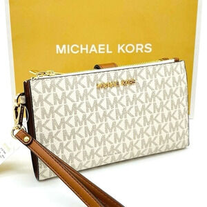 Michael Kors Large Double Zip Wallet Wristlet Vanilla/Brown